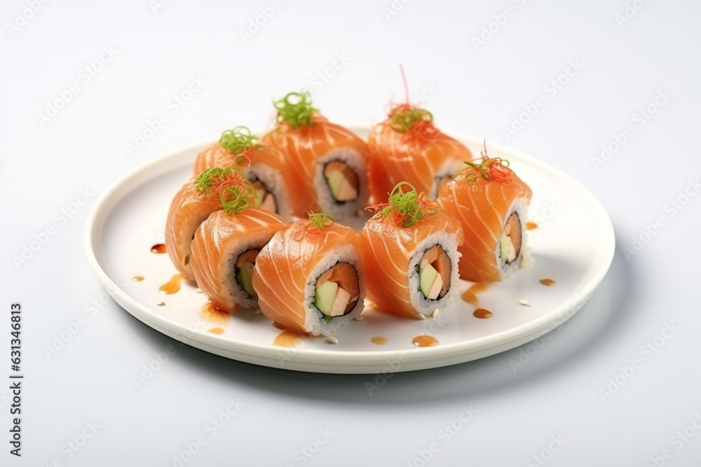 Perfect sushi, traditional Japanese cuisine. Delicious salmon kiguiri on the decorated plate, white background Perfect sushi, traditional Japanese cuisine. Delicious salmon kiguiri on the decorated plate, white background