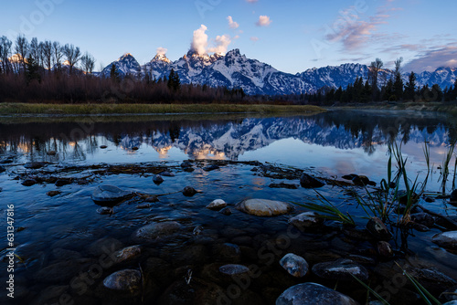 View of snow covered Teton mountains and the Snake river from Schwabacher Landing in Teton National Park 