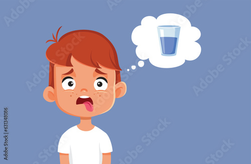 Thirsty Boy Thinking about a Glass of Water Vector Cartoon Illustration. Desperate child feeling dehydrated during summer heated season 
