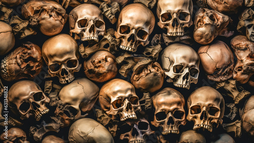 Crypt of Skulls: A Spooky and Morbid Background with a Catacomb of Human Remains and Sepia Filter AI Generative
 photo