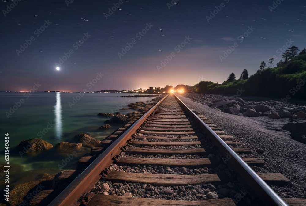 view of railroad tracks with beach. generative ai view of railroad tracks with beach. generative ai