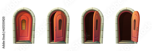 orange wooden door of old cottage house. Vector cartoon style icon illustrations. Sprite animation for game.