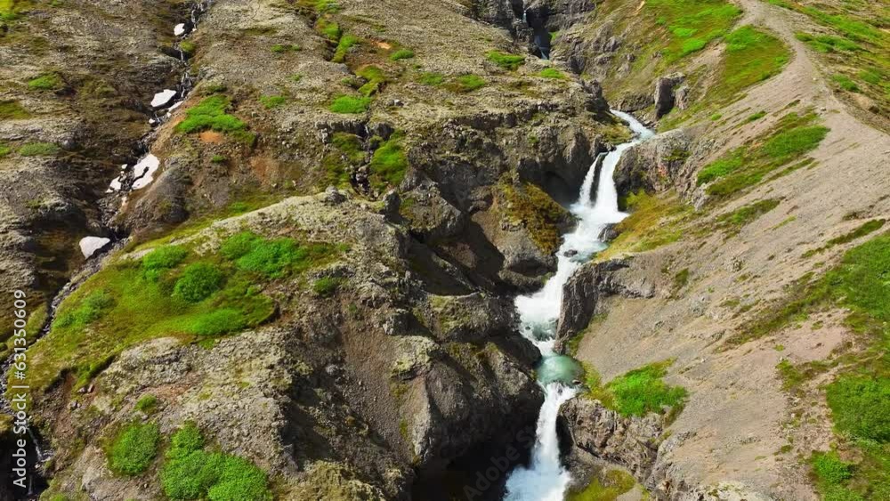 Waterfall in highlands, Mountain river inside the canyon, Magical scenic aerial drone shot. Iceland at summer season. Waterfall in highlands, Mountain river inside the canyon, Magical scenic aerial drone shot. Iceland at summer season.