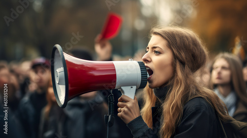 Woman using megaphone to protest during a demonstration as a female activist. A woman engaged in activism, using a megaphone to make her voice heard amidst a demonstration. Generative AI