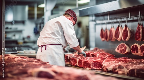 Foto butcher cuting meat in a butcher shop generative ai
