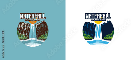Waterfall logo design, high cliff waterfall vector illustration with vintage and modern concept