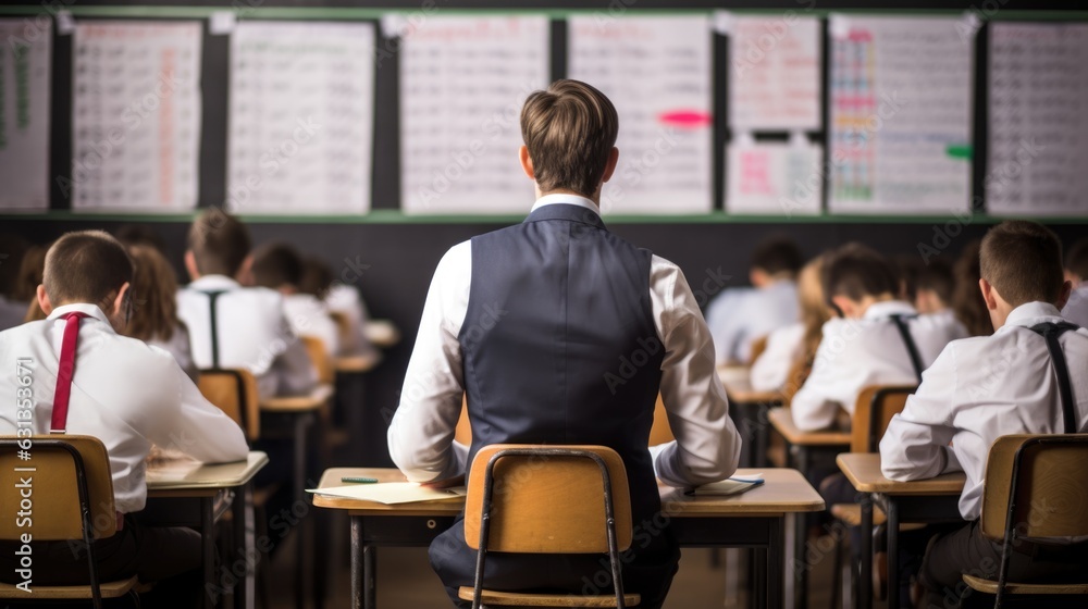Obraz premium teacher grading papers in a quiet classroom generative ai
