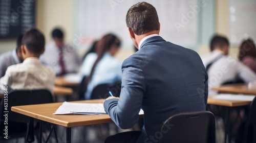 teacher grading papers in a quiet classroom generative ai