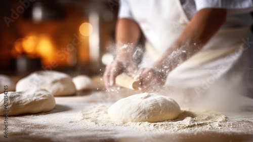 Leinwand Poster baker kneading dough in a bakery generative ai