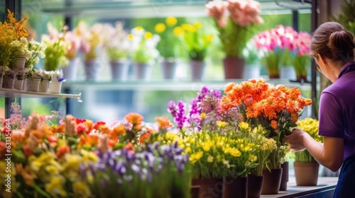 florist arranging flowers in a flower shop generative ai © ThisDesign