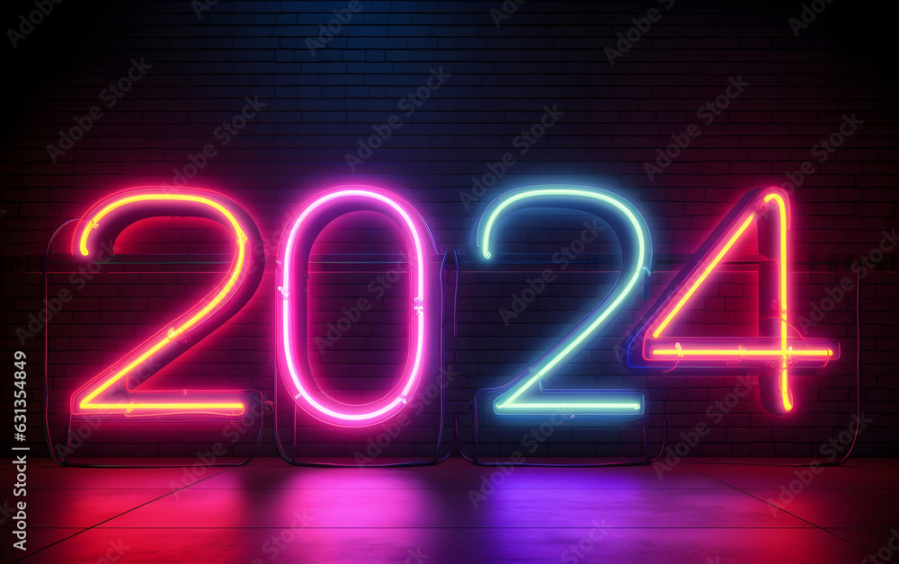 Happy New Year 2024 holiday with neon color text effect, and copy space