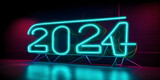 Happy New Year 2024 holiday with neon color text effect, and copy space 2024 year background.