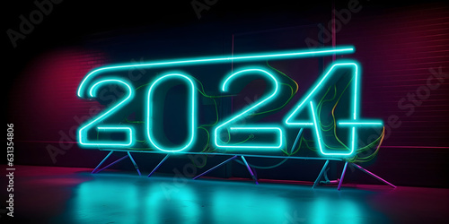 Happy New Year 2024 holiday with neon color text effect, and copy space 2024 year background.