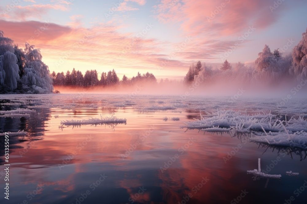 Ice Forming on Lake Surface at Dawn
