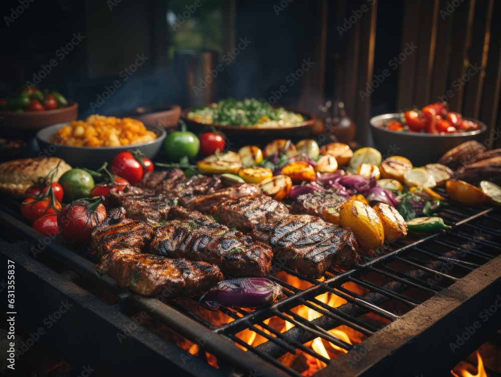 Rustic Outdoor Grill with Meats and Vegetables Cooking