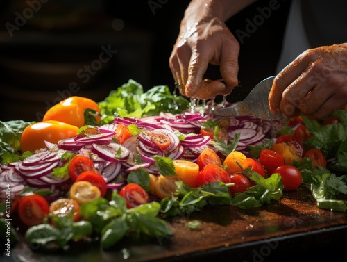 Chef's Knife Slicing Through Fresh Vegetables