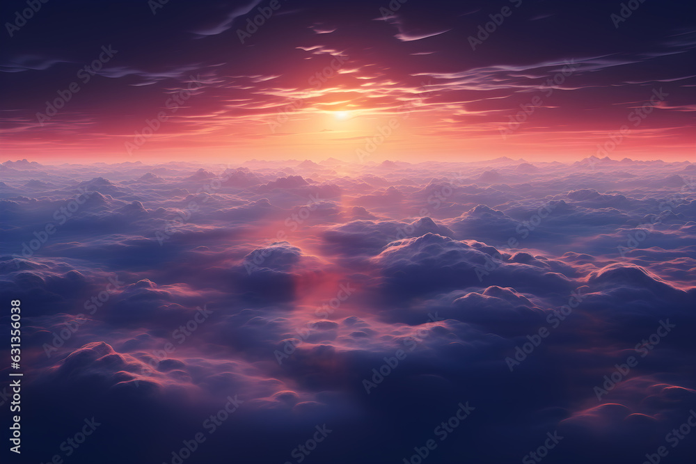 aerial view over the clouds in the sky at sunset, AI generate