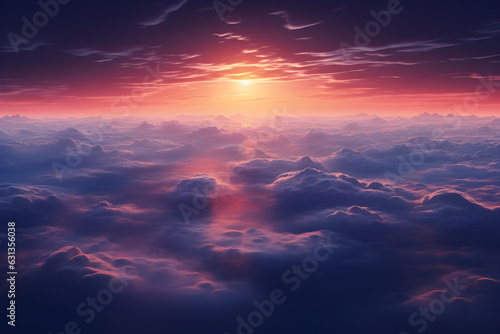 aerial view over the clouds in the sky at sunset, AI generate
