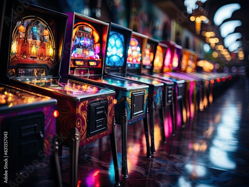 Row of Vibrant Pinball Machines in Arcade photo