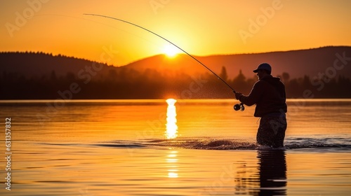 fisherman casting his net on a quiet lake generative ai