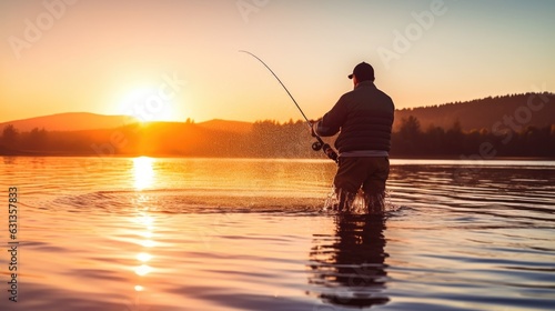 fisherman casting his net on a quiet lake generative ai