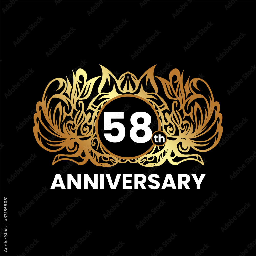 Fototapeta premium 1 to 60th anniversary birthday logotype and gold ornament. Golden anniversary emblem design for booklet, leaflet, magazine, brochure poster, invitation or greeting card. Vector illustration.