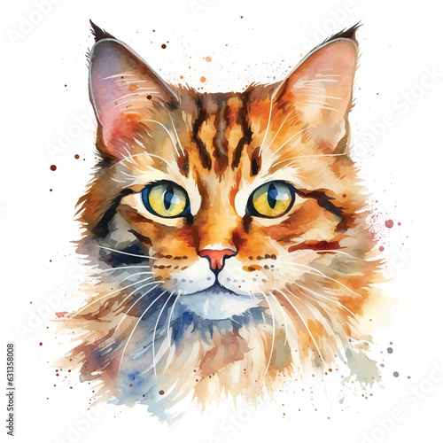 Serene Watercolor Cat Pose with White Background