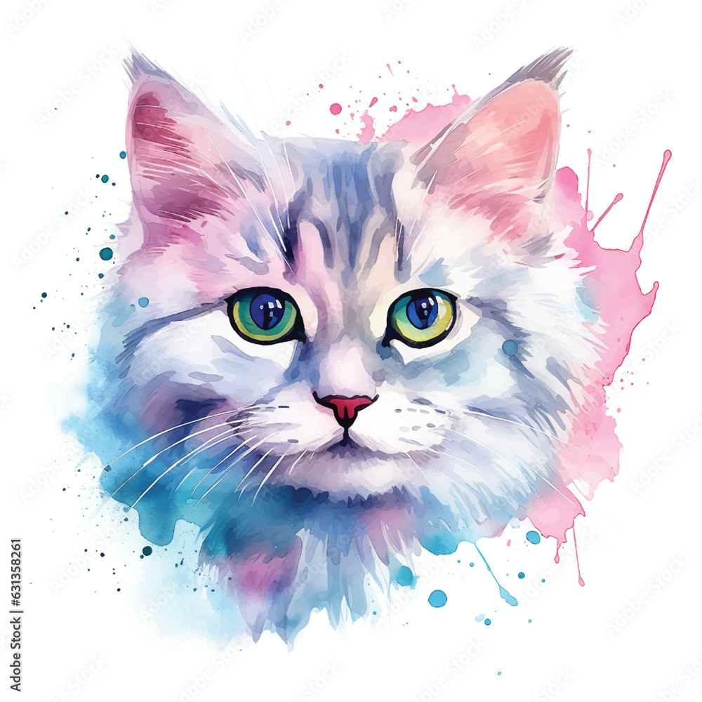 Charming White Background Cat Watercolor Illustration
