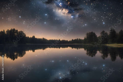 a lake at night the stars above and the surrounding trees