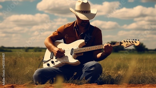Leinwand Poster cowboy with guitar in the field