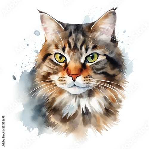 Charming White Background Cat Watercolor Illustration