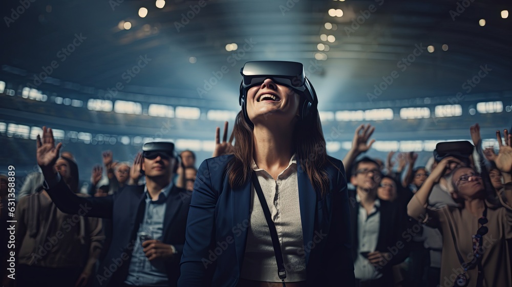 Vr experience senior business manager woman attend meeting wearing vr virtual goggle glasses standing in autitorium convention hall with crowd of business people background,ai generate Vr experience senior business manager woman attend meeting wearing vr virtual goggle glasses standing in autitorium convention hall with crowd of business people background,ai generate