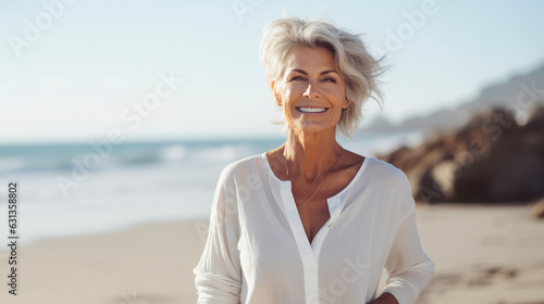 Beaming and charming older Caucasian woman with grace poses by the seaside, directing her gaze towards the camera. Generative AI photo