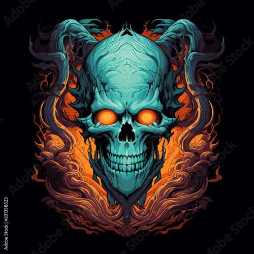 skull of a dragon flying over a tree in a dark room, in the style of neon art