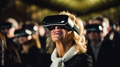 Vr experience senior business manager woman attend meeting wearing vr virtual goggle glasses standing in autitorium convention hall with crowd of business people background,ai generate © VERTEX SPACE