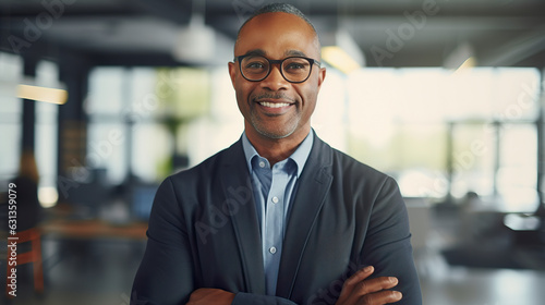 A mature, self-assured African American male businessperson, wearing glasses, stands in an office, gazing confidently at the camera. A sophisticated and fashionable corporate figure. Generative AI
