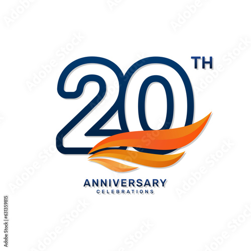 20th anniversary logo in a simple and luxurious style with blue numbers and orange wings, vector template