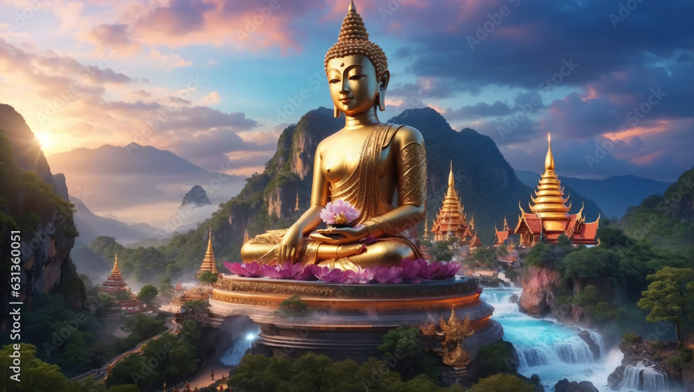 Evening glow and Buddha statue stands tall amidst the enchanting landscape of cascading waterfalls and towering mountains, creating a mesmerizing scene of serenity and grandeur.
