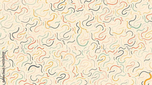 Memphis wallpaper with abstract shapes - squiggly yellow green red blue lines. Seamless pattern. Vector illustration.
