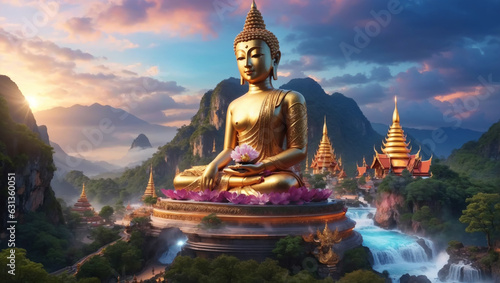 Evening glow and Buddha statue stands tall amidst the enchanting landscape of cascading waterfalls and towering mountains  creating a mesmerizing scene of serenity and grandeur.