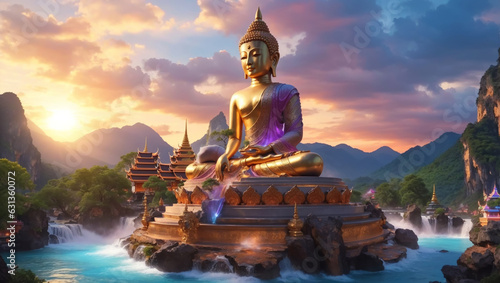 Big Buddha statue stands tall against the backdrop of cascading waterfalls and verdant mountains  creating a mesmerizing scene in the evening light.