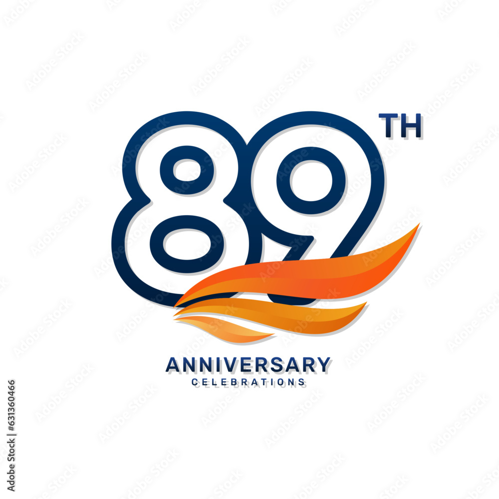 89th anniversary logo in a simple and luxurious style with blue numbers and orange wings, vector template 89th anniversary logo in a simple and luxurious style with blue numbers and orange wings, vector template