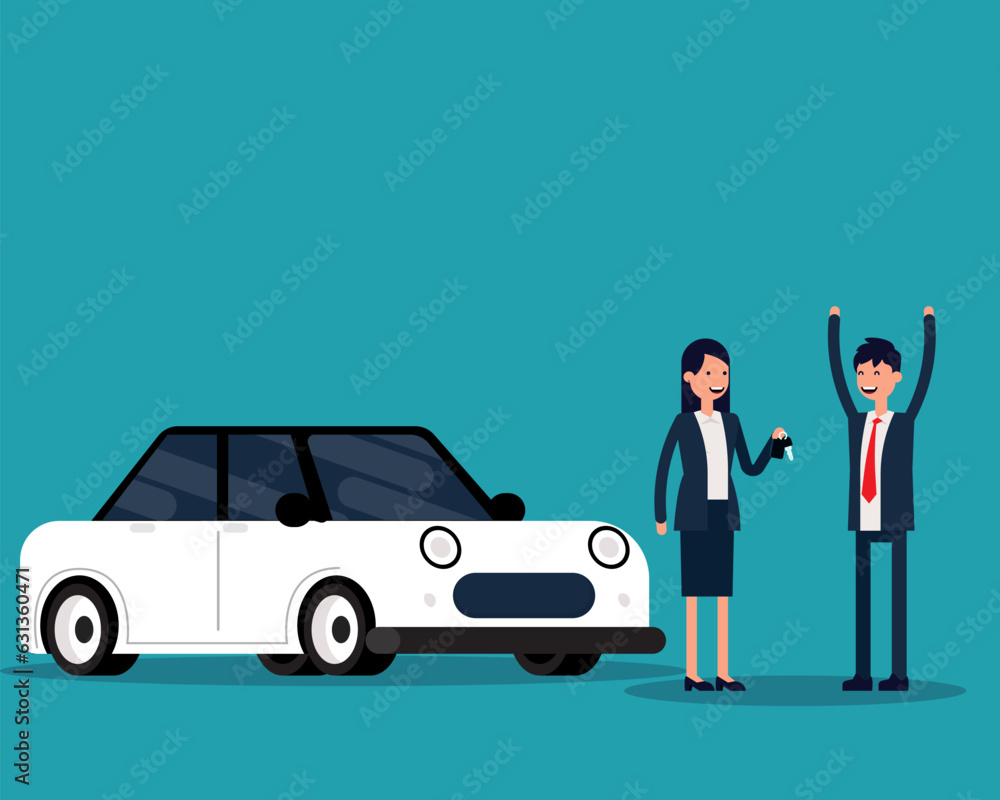 Car salesman delivering new cars to customer. Transportation and product marketing Car salesman delivering new cars to customer. Transportation and product marketing