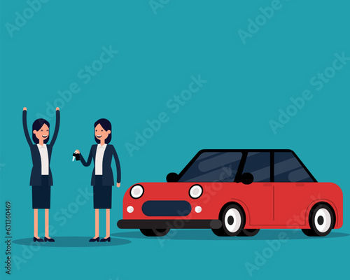 Car salesman delivering new cars to customer. Transportation and product marketing
