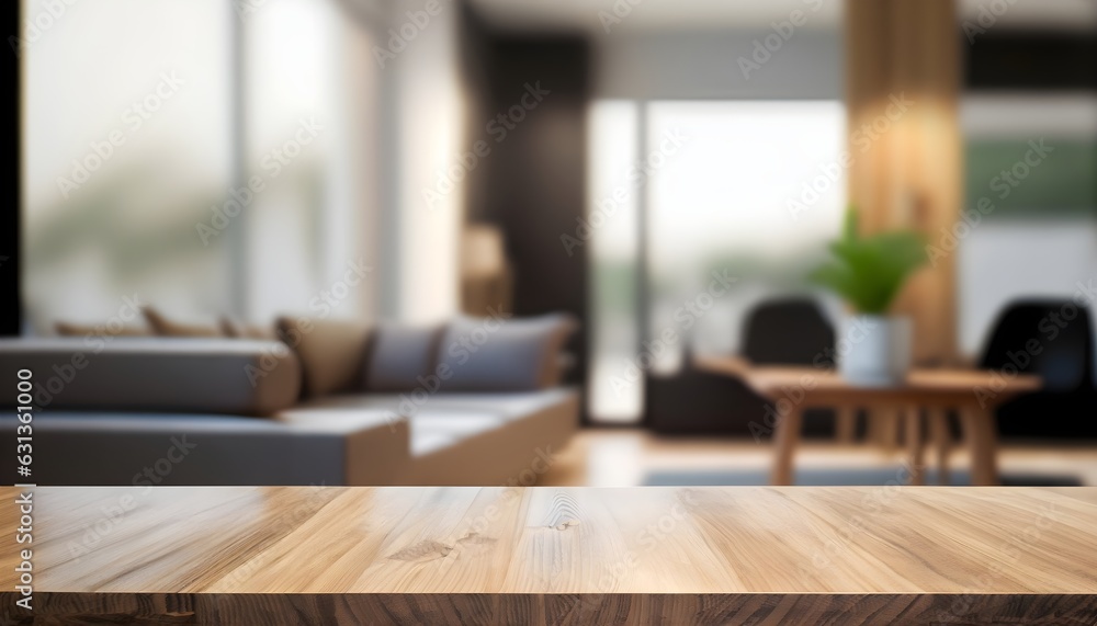 living room interior, wood table with blurred modern apartment interior ...