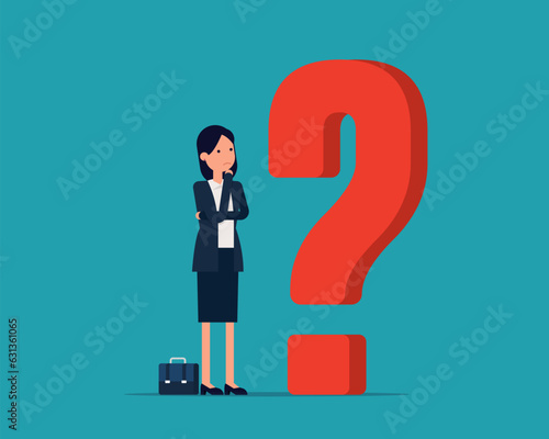 Woman puzzled and contemplating, Thinking and Questions concept, Vector illustraiton in cartoon desing