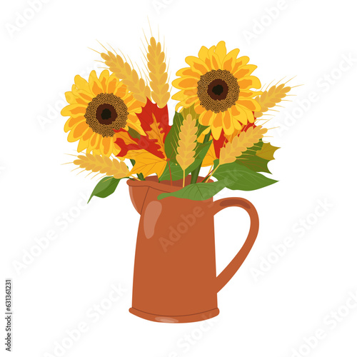 Yellow sunflower flower bouquet icon with colorful maple leaves and ears of wheat and rye on a transparent and white background. Isolated autumn elements close up. Vector illustration for thanksgiving