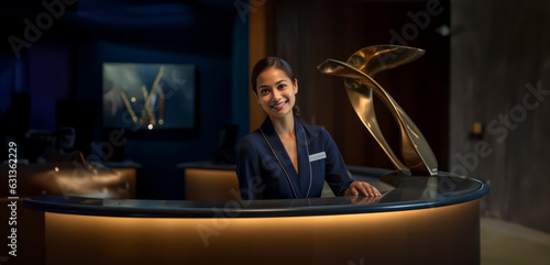 A friendly woman concierge. Friendly receptionist. Standing at a desk at a hotel. hotel uniform. Smiling. Knowledgeable. Professional. Assistance.
