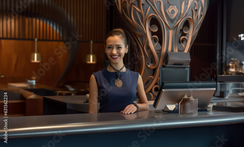 A friendly woman concierge or receptionist standing and smiling at a desk at a 5 star hotel in hotel uniform. Knowledgeable and professional assistance.