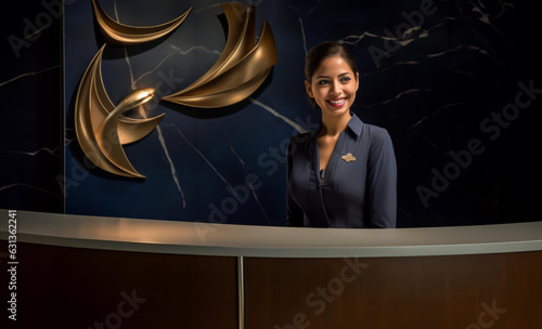 A friendly woman concierge or receptionist standing and smiling at a desk at a 6 star luxury hotel in hotel uniform. Knowledgeable and professional assistance.